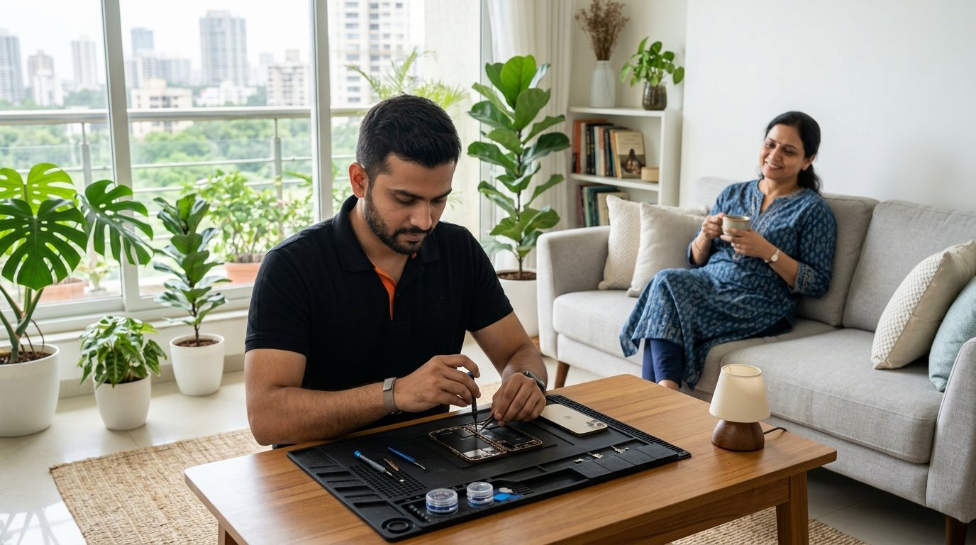 Fix91 technician repairing phone at customer's doorstep in Mumbai